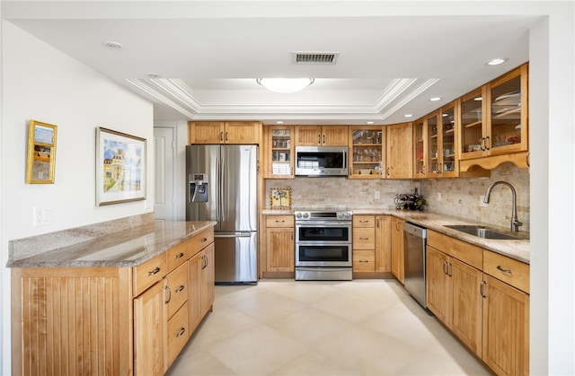 kitchen with light stone countertops, appliances with stainless steel finishes, backsplash, a raised ceiling, and sink