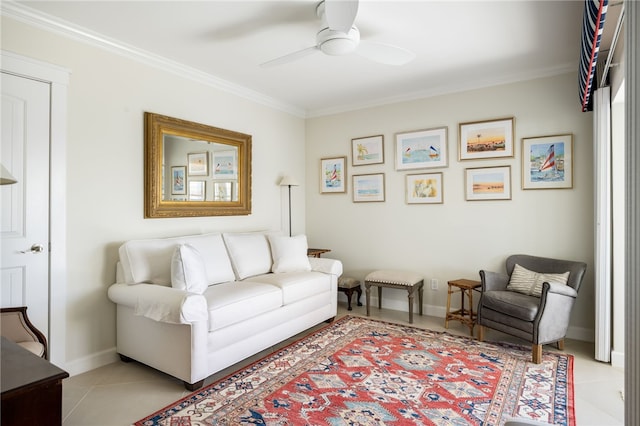 tiled living room featuring ceiling fan and crown molding