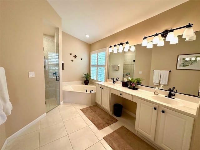 944 Island Club Sq, Vero Beach, FL 32963 - bathroom with tile patterned floors, a bath, a shower stall, lofted ceiling, and double vanity