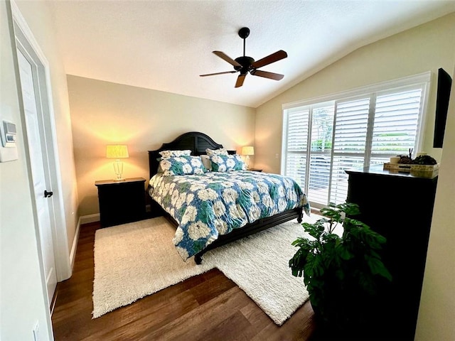 944 Island Club Sq, Vero Beach, FL 32963 - bedroom featuring vaulted ceiling, wood finished floors, ceiling fan, and baseboards