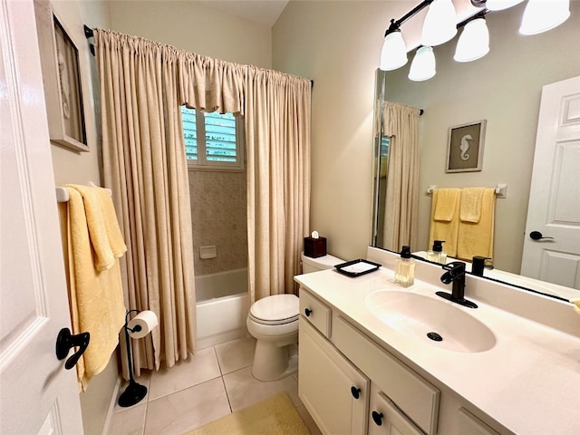 full bathroom with tile patterned flooring, shower / tub combo, vanity, and toilet