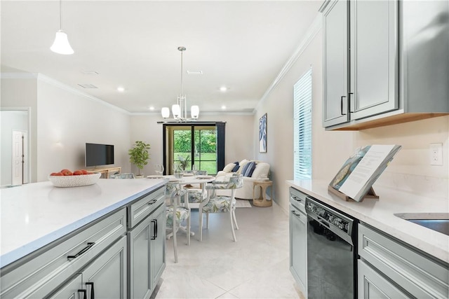 kitchen with gray cabinetry, crown molding, hanging light fixtures, and black dishwasher