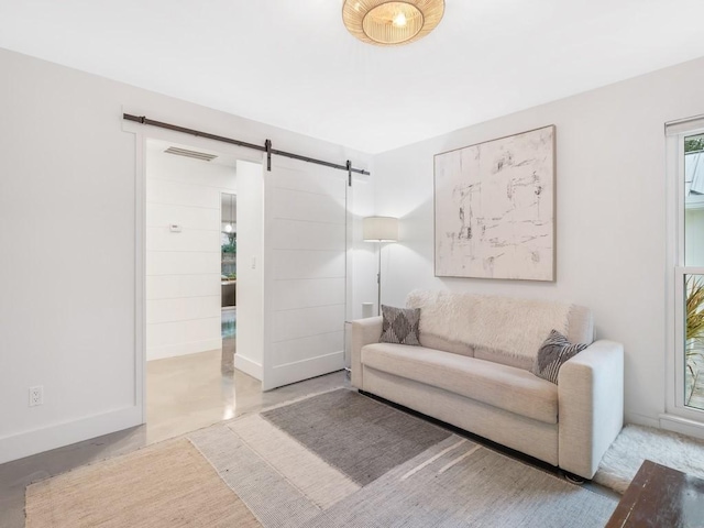 living room featuring a barn door