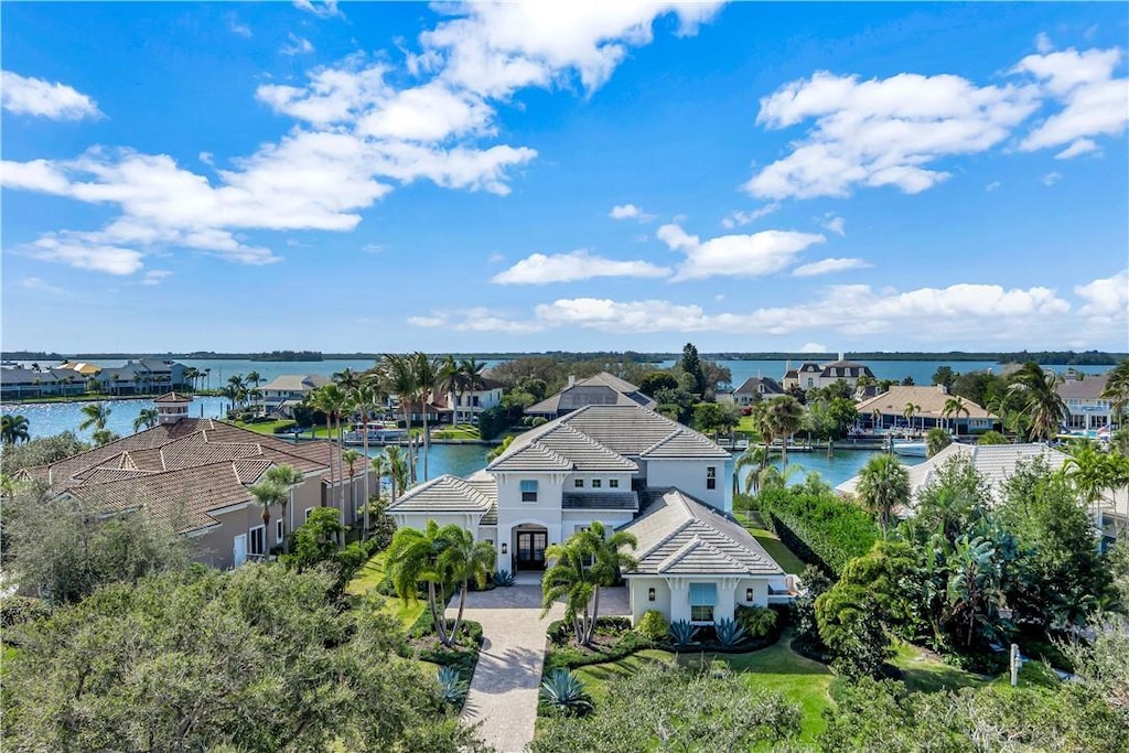 drone / aerial view with a water view