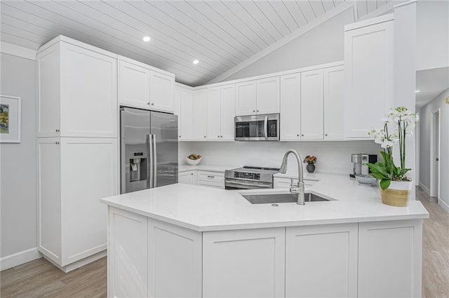 kitchen featuring sink, stainless steel appliances, kitchen peninsula, light hardwood / wood-style floors, and white cabinets