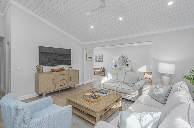 living room with light wood-type flooring, vaulted ceiling, crown molding, and wood ceiling