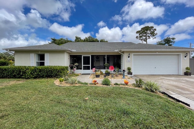 ranch-style house with a front yard and a garage