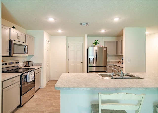 1580 Eastlake Ln, Sebastian, FL 32958 - kitchen featuring stainless steel appliances, a sink, gray cabinetry, light wood finished floors, and light countertops