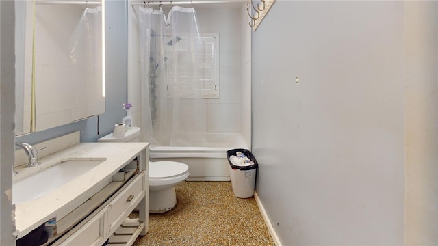 full bathroom with vanity, toilet, and shower / bath combo with shower curtain