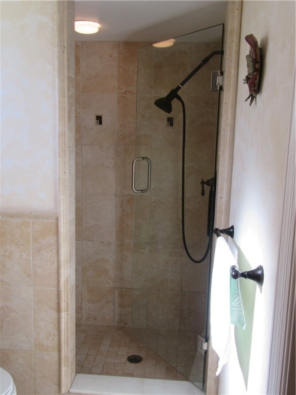 bathroom featuring a shower with shower door