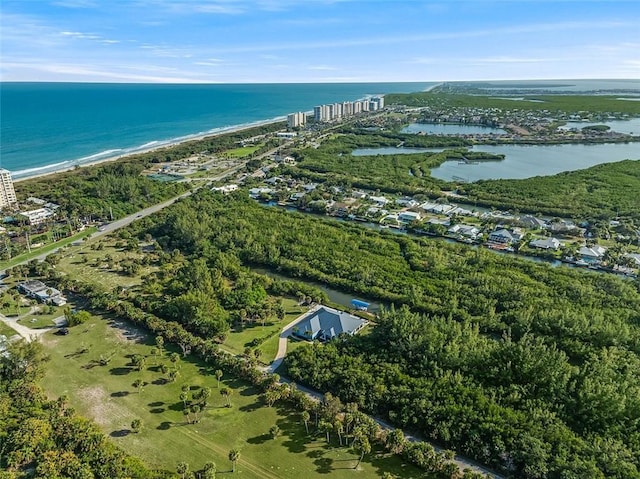 bird's eye view with a water view