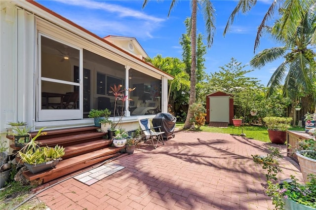 view of patio / terrace with a storage shed