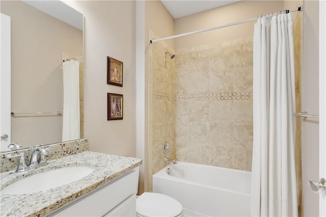 full bathroom with toilet, vanity, and shower / bathtub combination with curtain