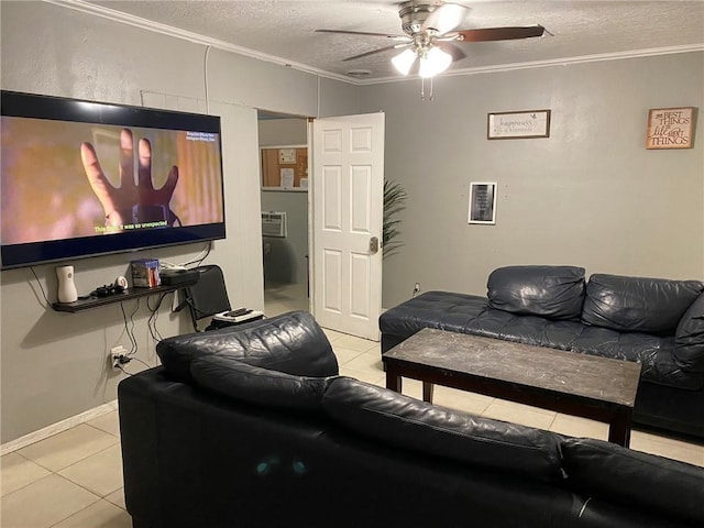 tiled living room with crown molding, ceiling fan, and a textured ceiling