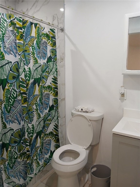 bathroom featuring vanity, toilet, and a shower with shower curtain