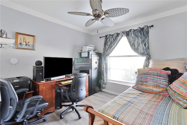 bedroom with ceiling fan, light hardwood / wood-style floors, and ornamental molding