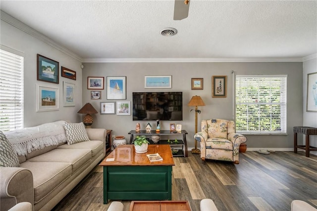 living room with ceiling fan, wood-type flooring, a textured ceiling, and ornamental molding