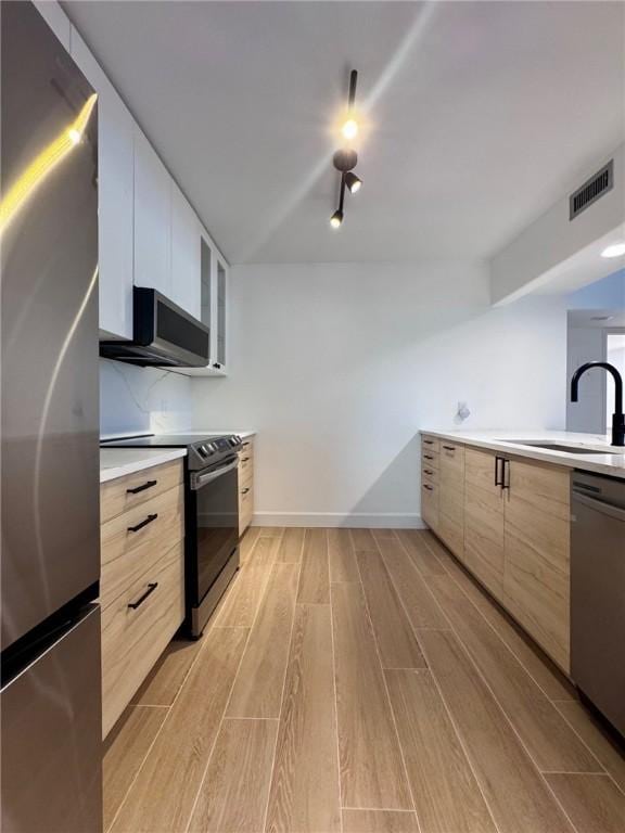 kitchen featuring a sink, visible vents, light countertops, appliances with stainless steel finishes, and wood tiled floor