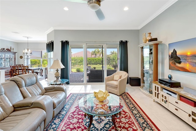 8280 Halbert Ln, Vero Beach, FL 32968 - living area with light tile patterned floors, a chandelier, ceiling fan, crown molding, and recessed lighting