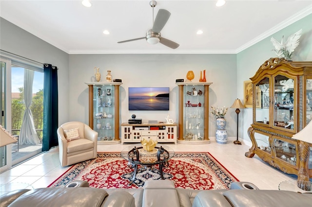 8280 Halbert Ln, Vero Beach, FL 32968 - living room featuring tile patterned floors, crown molding, a ceiling fan, and recessed lighting