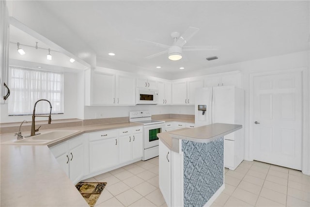 kitchen with ceiling fan, sink, white appliances, and white cabinetry