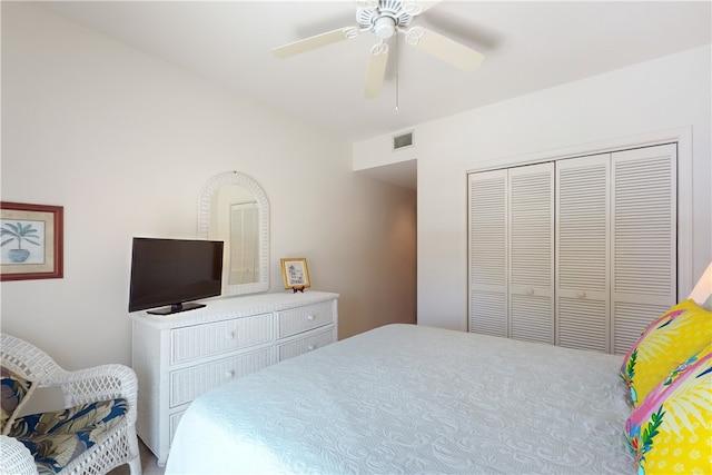 bedroom with ceiling fan and a closet