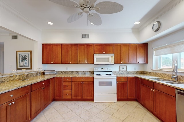 kitchen featuring ornamental molding, light stone countertops, sink, white appliances, and ceiling fan