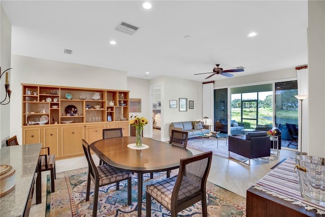 dining area featuring light tile patterned floors, visible vents, a ceiling fan, and recessed lighting