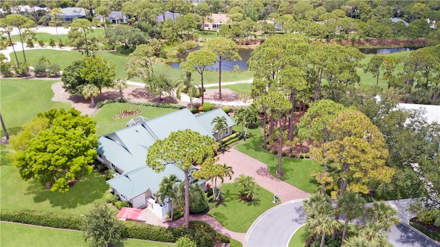 drone / aerial view featuring a water view