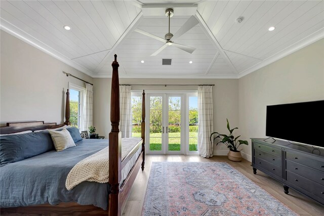 bedroom with french doors, wood ceiling, light hardwood / wood-style floors, lofted ceiling, and ceiling fan