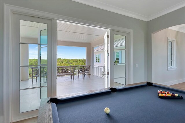 doorway with carpet, billiards, and crown molding