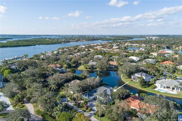 aerial view featuring a water view