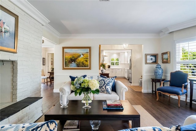 living room featuring dark wood-type flooring, a large fireplace, and ornamental molding