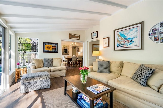 living room featuring an inviting chandelier, vaulted ceiling with beams, and hardwood / wood-style flooring