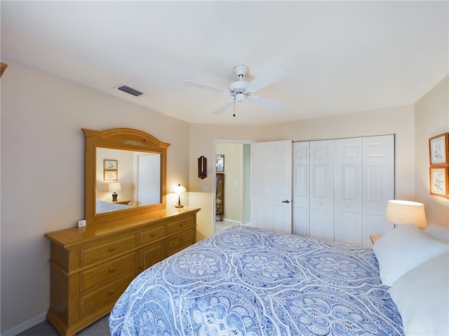 bedroom with ceiling fan and a closet