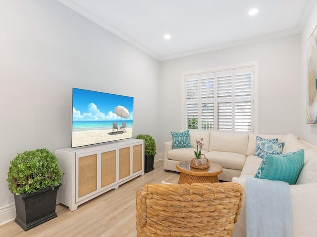 living room with ornamental molding and light hardwood / wood-style flooring