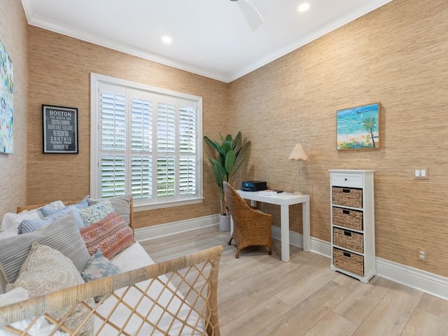 home office with crown molding and hardwood / wood-style flooring