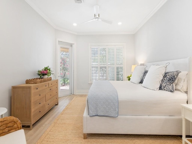 bedroom with ornamental molding, ceiling fan, access to exterior, and light hardwood / wood-style floors