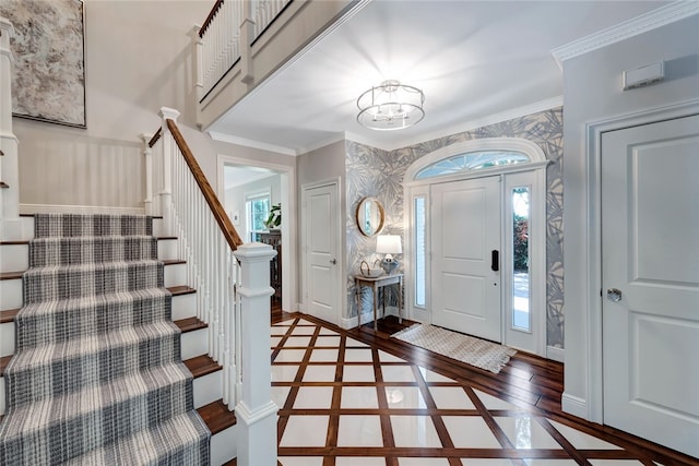 entrance foyer with an inviting chandelier