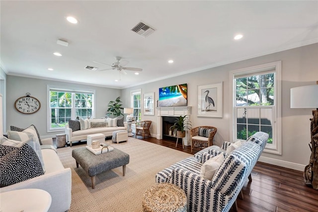 living room featuring crown molding, ceiling fan, and wood-type flooring