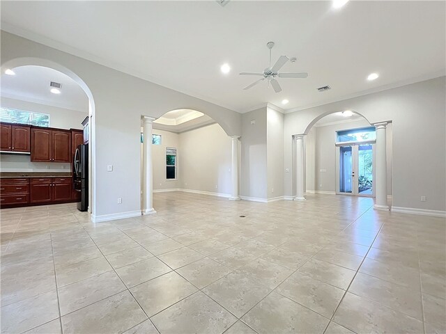 1237 River Reach Dr, Vero Beach, FL 32967 - unfurnished living room with ceiling fan, light tile patterned floors, ornate columns, ornamental molding, and recessed lighting