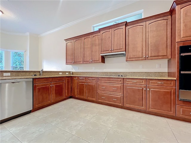 kitchen with light stone counters, under cabinet range hood, a sink, stainless steel dishwasher, and crown molding