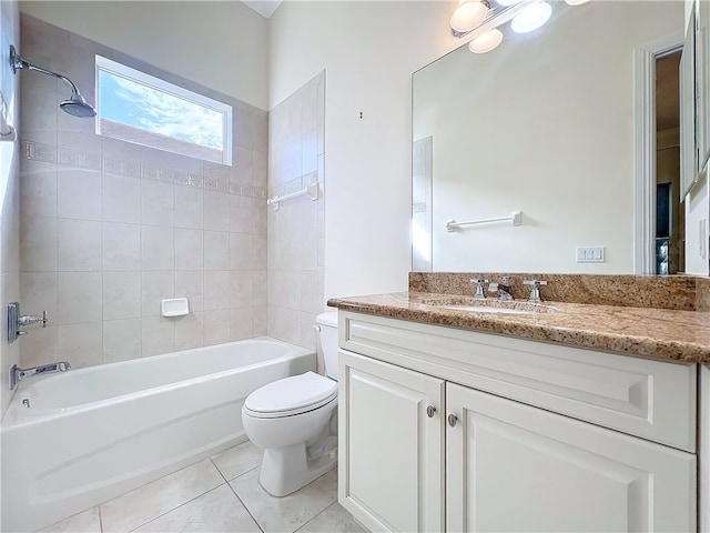 full bathroom featuring bathing tub / shower combination, vanity, toilet, and tile patterned floors