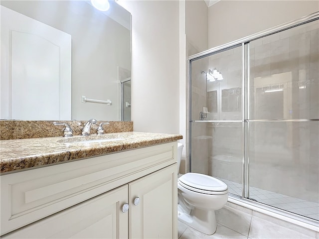 full bath with vanity, tile patterned flooring, a shower stall, and toilet