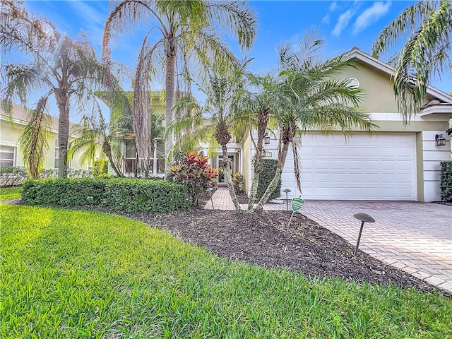 view of front of home featuring a garage, a front yard, decorative driveway, and stucco siding