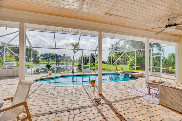 view of swimming pool featuring a water view, an in ground hot tub, a patio, a lanai, and area for grilling