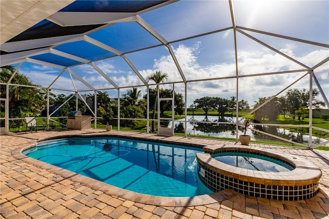 view of swimming pool featuring a water view, a lanai, and an in ground hot tub