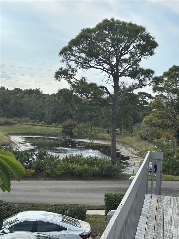 exterior space with a water view