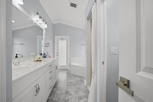 614 Stevenson Ave, Sebastian, FL 32958 - full bathroom with double vanity, a bath, ornamental molding, and vaulted ceiling