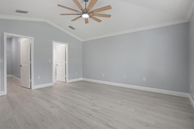 614 Stevenson Ave, Sebastian, FL 32958 - unfurnished bedroom featuring vaulted ceiling, light wood finished floors, ornamental molding, ensuite bathroom, and a ceiling fan